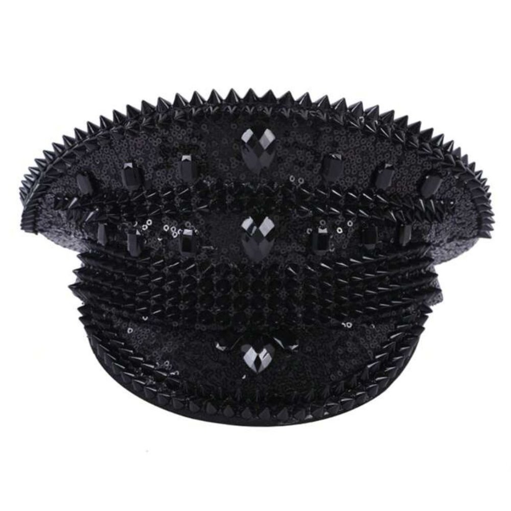 Black Studded Spike Rivet Rhinestone Hat NEW Coachella Rave Steampunk Gothic EDC